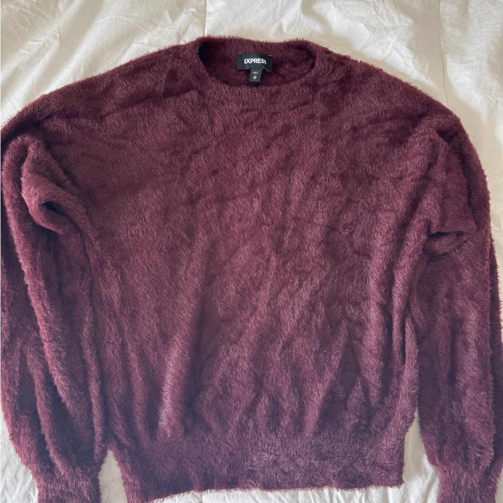 Express Burgundy Fuzzy Faux Fur Sweater XS Bateau Neck Long Sleeve Soft Cozy - Picture 2 of 10